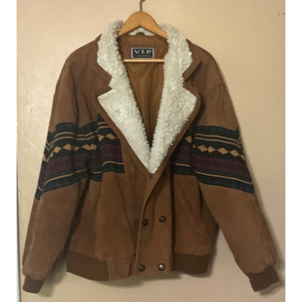 V.I.P. Collection Mens Suede Bomber Jacket SW Pattern Sherpa Lined Size